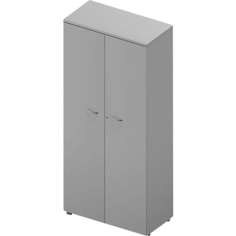 A gray cabinet with two doors. The doors have small, curved handles.