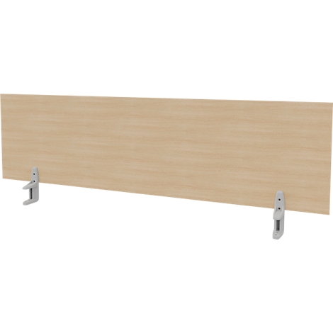 Wooden panel with brackets. Light wood, rectangular. Grey brackets attached at the bottom.