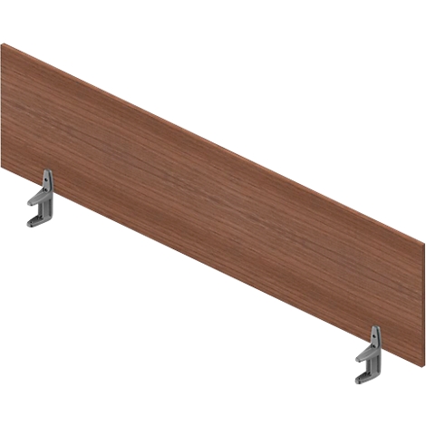 Wooden panel with two gray brackets. The panel has a grain and is brown.