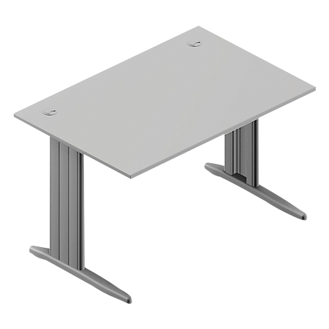 Gray office desk, rectangular tabletop, two legs with base plate and vertical struts.