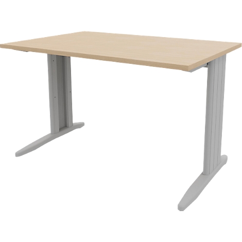 Light brown desk with gray legs. Rectangular table top, legs column-like and slightly angled.