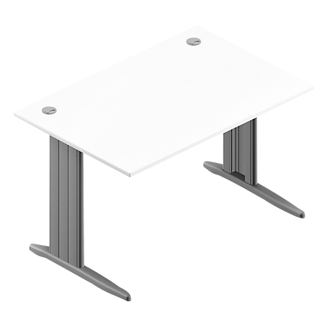 White desk with gray legs, two openings in the table top.