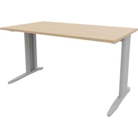 A beige desk with gray legs stands against a white background. The table top is rectangular.