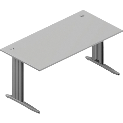 A gray desk with two rectangular legs. The table has two round holes on the surface.