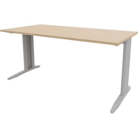 Wooden desk with silver legs. Rectangular tabletop. The legs are slightly curved at the ends.