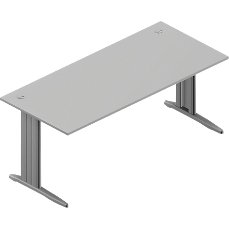 Grey, rectangular metal desk, with two vertical column legs.