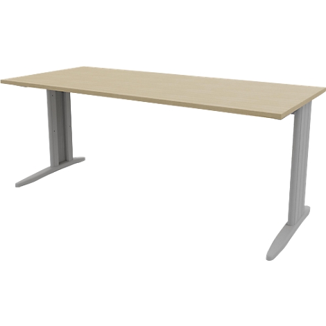 A rectangular, light wooden desk with two gray, T-shaped legs.