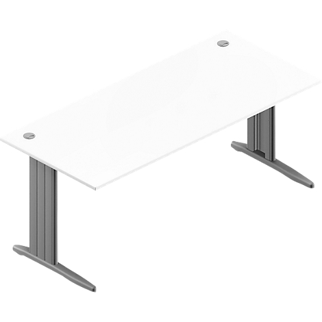 White office desk with two silver legs. Two silver buttons are visible on the tabletop.