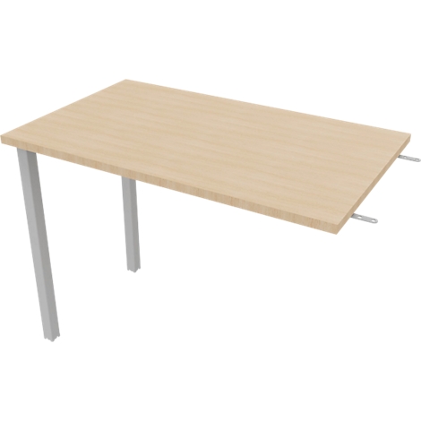 A light wooden table with metal legs, slightly tilted. The table top has a light wood grain.