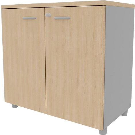 A two-door wooden cabinet, light brown with silver handles. Gray sides and feet.