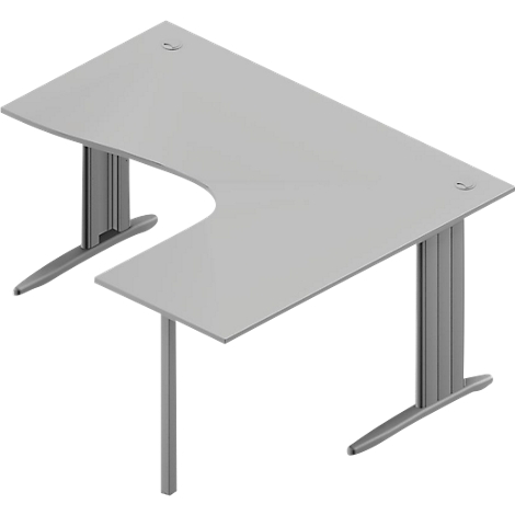 A light grey corner desk with metal legs.