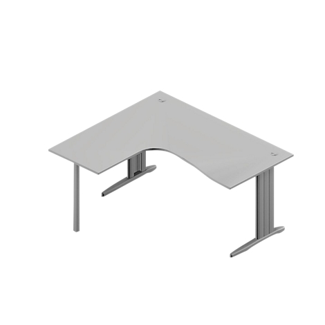 Gray L-shaped desk, isolated on a white background. It has two legs that converge towards the floor.