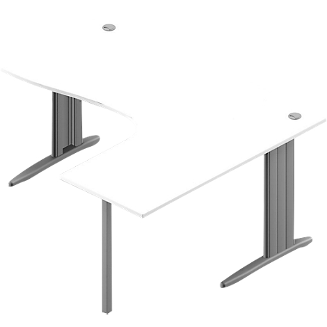 A white, L-shaped desk with gray legs. Each has a hole with metal cover at the top left and right.