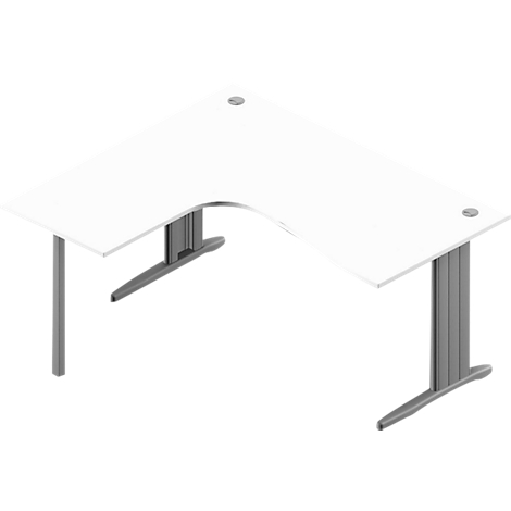 Corner desk, white with gray legs. Two holes for cable routing.