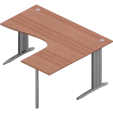 An L-shaped wooden desk with gray metal legs. Two round, silver openings are on the table surface.