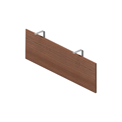 Houten paneel met twee metalen haken. Het paneel is bruin, de haken zijn zilver.