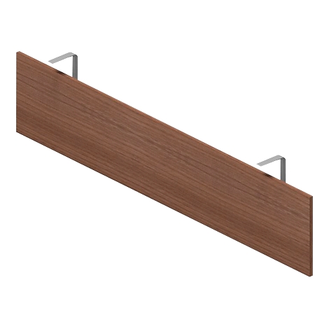 Een houten plank met houtnerf en twee zilveren beugels.