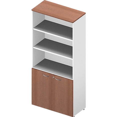 White cabinet with brown wooden top and doors, grey shelves.