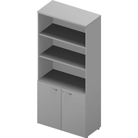 Gray bookshelf with open shelves on top and two doors at the bottom.