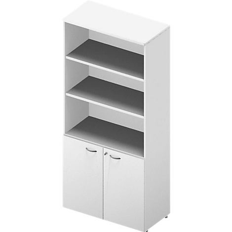 White bookcase with three shelves and two cabinet doors.