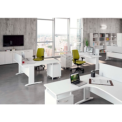 Office with white desks, green chairs, and a view of the city. A laptop and monitor sit on the desks.