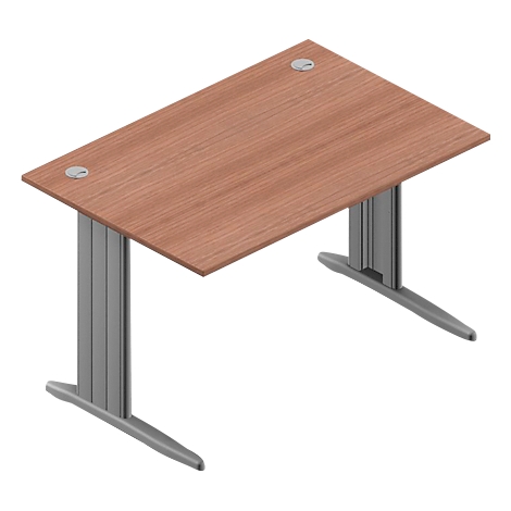 Wooden desk with silver legs and cable glands.