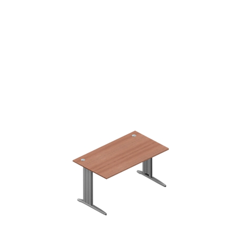 Wooden-look desk, gray legs, light brown tabletop with two holes.
