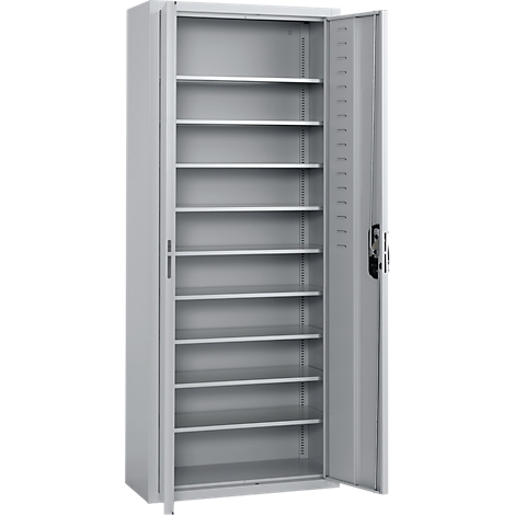 Armario de acero gris con puertas abiertas y varios estantes.