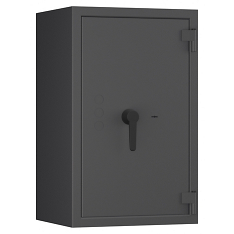 Caja fuerte gris sobre un fondo neutro. Tiene un asa, tres botones y dos bisagras.