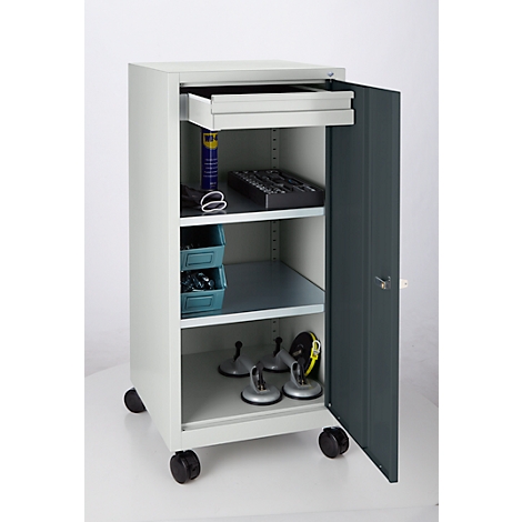 Armario de herramientas con ruedas, puerta con bisagras, 2 estantes, 1 cajón, 500 x P 500 x H 1000 mm, con cerradura Compre a precios | Schäfer Shop