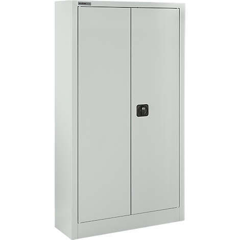 Gabinete metálico gris con dos puertas y un asa negra. Se puede ver el logotipo de una empresa encima de las puertas.