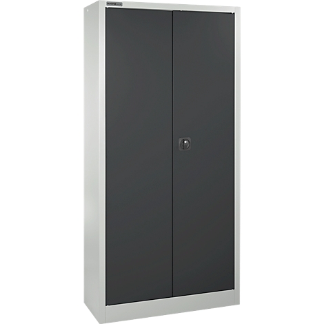 Armario de acero gris con dos puertas, marco plateado y manija.
