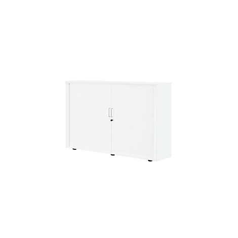 Armario blanco con dos puertas, manijas y cerradura.