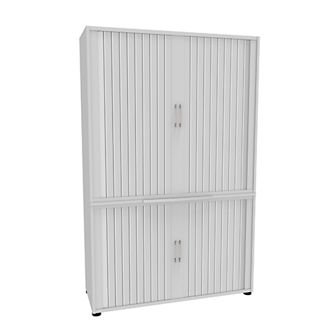 Armario blanco con puertas de lamas, dividido en dos partes. Dos pares de puertas con pequeños tiradores.