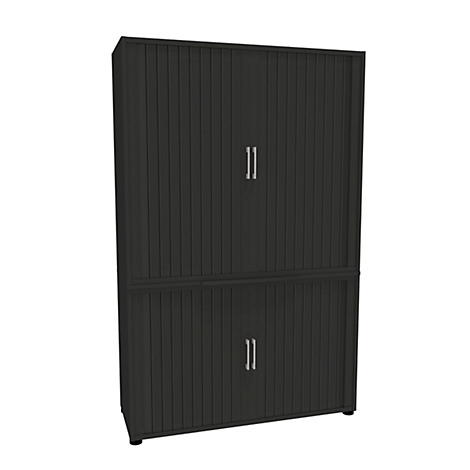 Un armario gris oscuro con dos puertas, ranuras verticales y tiradores plateados.