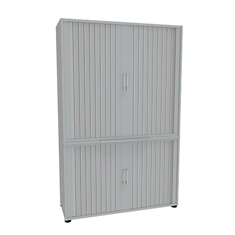 Gabinete gris con superficie acanalada, dos puertas con manijas, sobre un fondo blanco.