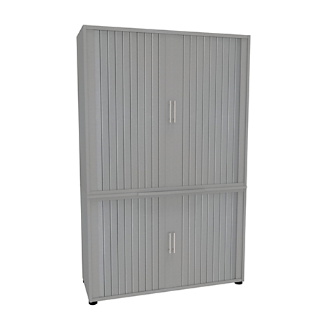 Armario gris de dos pisos con frente de lamas, dos puertas por nivel y tiradores verticales.