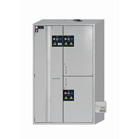Un armario eléctrico gris con varias puertas y un ventilador. Hay señales de advertencia y código de color en las puertas.