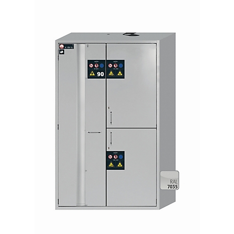 Armario de seguridad combinado tipo 90 asecos K-PHOENIX Vol.2-90, puertas batientes y plegables con cierre automático, frontal gris luminoso, An 1197 x P 617 x Al 1969 mm