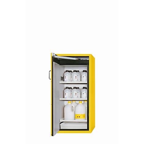 Armario de seguridad tipo 90 asecos S-CLASSIC-90, puerta batiente con sistema de fijación, bisagra a la izquierda, frontal amarillo de seguridad, An 596 x P 616 x Al 1298 mm