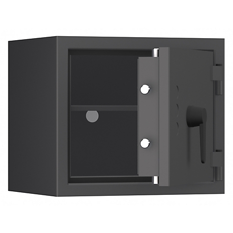 Una caja fuerte negra, la puerta está abierta. Interior con estante. La manija es visible.