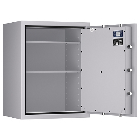 Una caja fuerte gris abierta con dos estantes. Un panel de control y pestillos son visibles en la puerta.