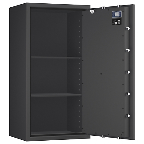 Caja fuerte gris, puerta abierta, dos estantes. En la puerta un panel de control.