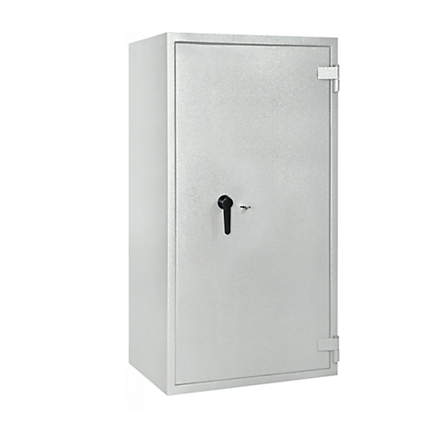 Caja fuerte gris con manija negra y cerradura. Puerta con bisagras y cierre en ángulo recto.