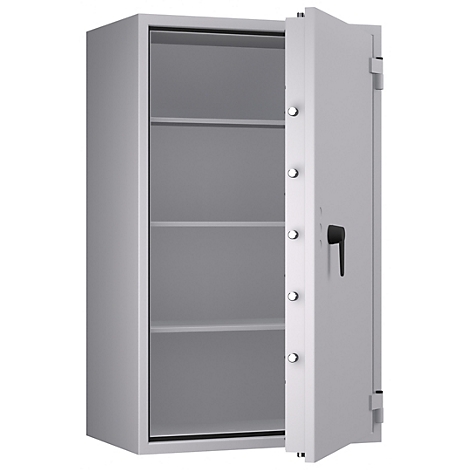 Caja fuerte gris con puerta abierta. Se ven varias estanterías en el interior.