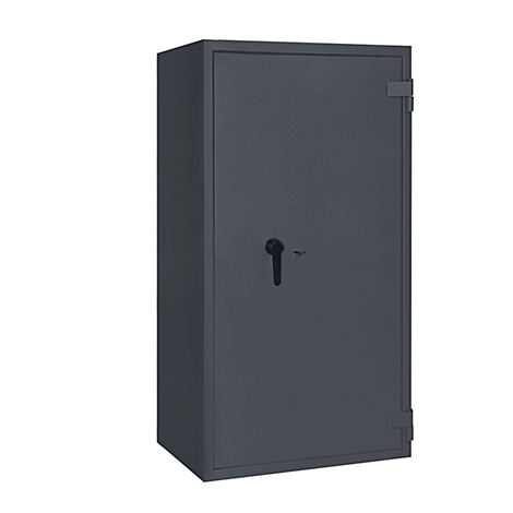 Una caja fuerte gris sobre un fondo blanco. Tiene una manija y una cerradura.