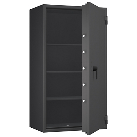 Caja fuerte gris, puerta abierta, con estantes, interior oscuro.