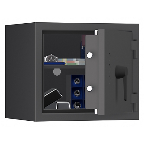 Puerta de caja fuerte negra abierta. Dentro de la caja fuerte hay un reloj, dinero en efectivo y joyas. Hay barras de metal en la parte inferior.