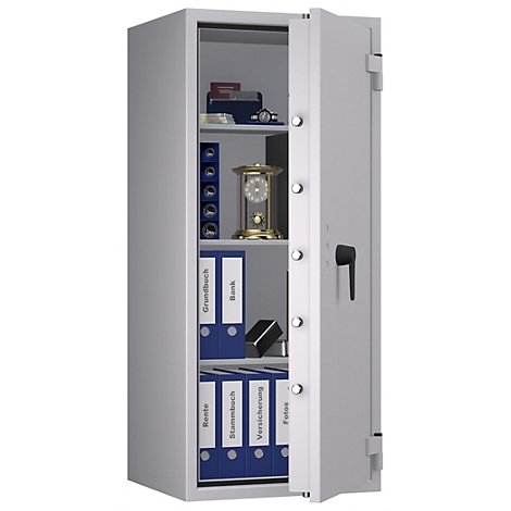 Caja fuerte abierta con carpetas y objetos de valor. Las carpetas azules con inscripciones están en los estantes.