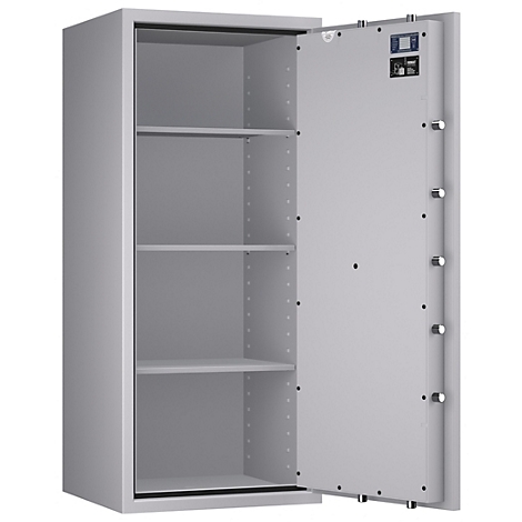 Caja fuerte gris, puerta abierta, con estantes, pernos de cierre plateados.